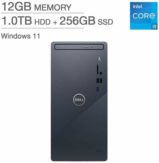 Dell Inspiron 3910 Desktop, 12th Gen Intel Core i5-12400 Processor, 32GB DDR4 RAM, 256GB SSD + 1TB HDD, Intel UHD Graphics, DVD, Bluetooth, Wi-Fi 6, Win11H, Blue, Wired Keyboard&Mouse + Accessories