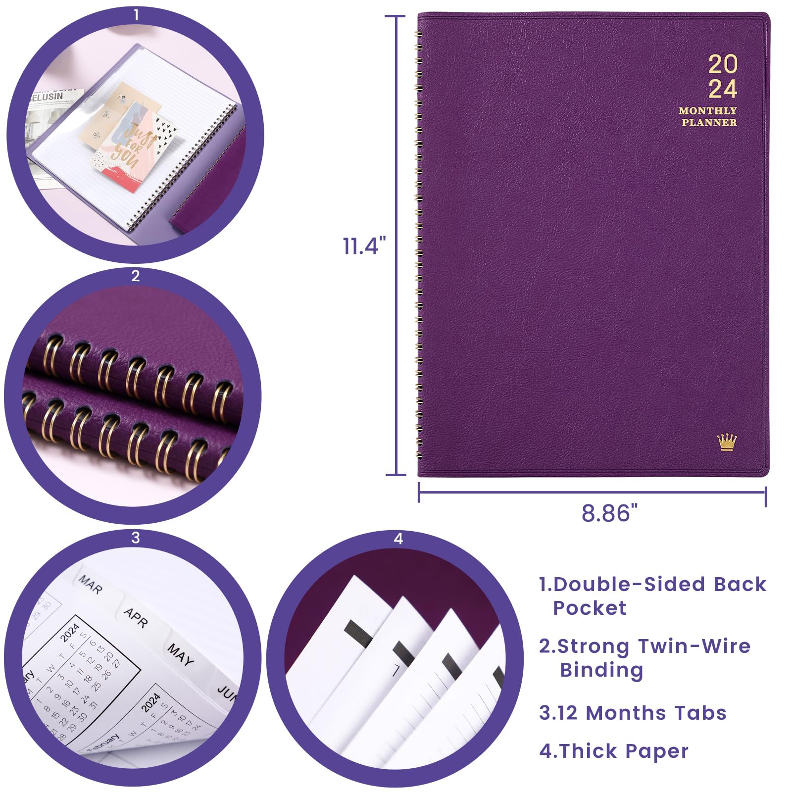 2024 Monthly Planner - Jan. 2024 - Dec. 2024, 12 Months Calendar/Planner 2024 with Faux Leather, 8.86" x 11.4", 15 Notes Pages, Strong Twin - Wire Binding, Pocket, Monthly Tabs, Perfect Organizer