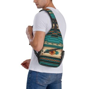 QISENTIS Aztec Ethnic Pattern Design Sling Bag Crossbody Backpack Indiana Western Southwest Native American Turquoise Stripe Travel Hiking Daypack Navajo Print Chest Shoulder Bag