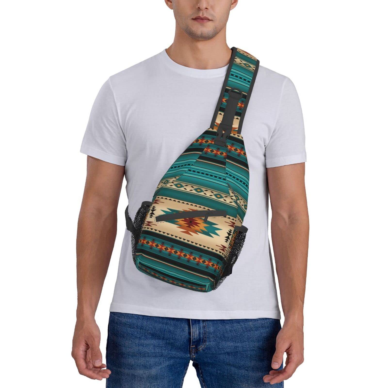 QISENTIS Aztec Ethnic Pattern Design Sling Bag Crossbody Backpack Indiana Western Southwest Native American Turquoise Stripe Travel Hiking Daypack Navajo Print Chest Shoulder Bag