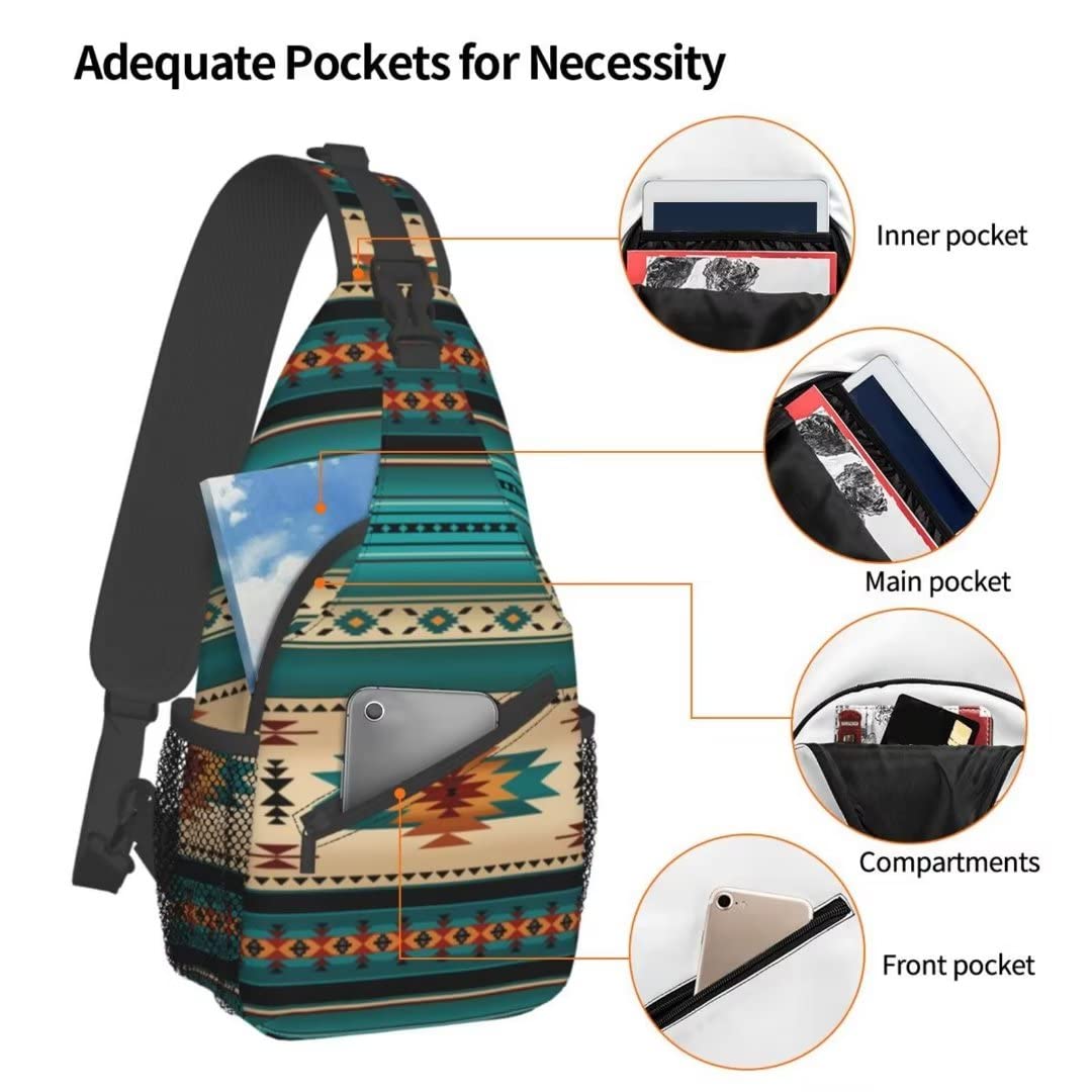 QISENTIS Aztec Ethnic Pattern Design Sling Bag Crossbody Backpack Indiana Western Southwest Native American Turquoise Stripe Travel Hiking Daypack Navajo Print Chest Shoulder Bag