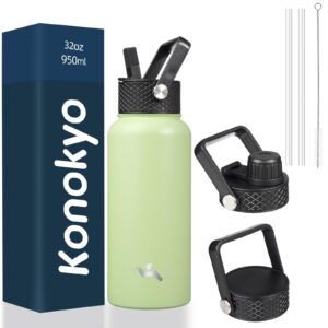 konokyo insulated water bottle with straw,32oz 3 lids metal bottles stainless steel water flask,macaron green