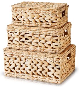 chi an home 14 inch wicker storage baskets with lids, set of 3 rattan lidded hyacinth baskets for organizing, woven large rectangular basket boxes, basket with top, decorative chest organizer