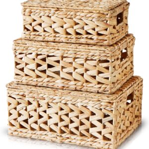 CHI AN HOME 14 Inch Wicker Storage Baskets with Lids, Set of 3 Rattan Lidded Hyacinth Baskets for Organizing, Woven Large Rectangular Basket Boxes, Basket with Top, Decorative Chest Organizer