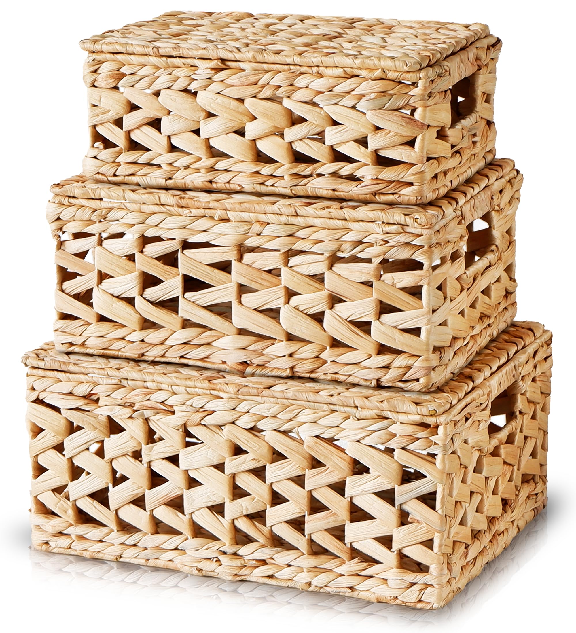 CHI AN HOME 14 Inch Wicker Storage Baskets with Lids, Set of 3 Rattan Lidded Hyacinth Baskets for Organizing, Woven Large Rectangular Basket Boxes, Basket with Top, Decorative Chest Organizer