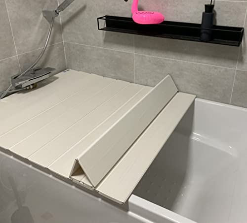 MOGUOBIN Shutter Bath Lid,1.2cm Thickness White Wood Grain PVC Bathtub Tray,Bath Insulation Cover,Foldable Anti-dust Bathtub Cover Bath Insulation Cover,Can Store Wine Glass,Tablets,Books,Cellphones