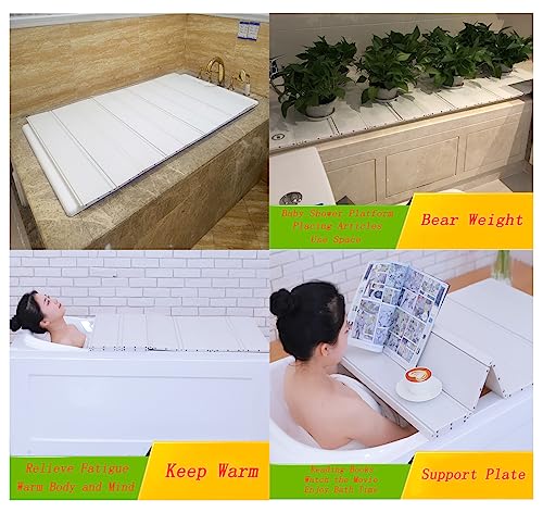 MOGUOBIN Shutter Bath Lid,1.2cm Thickness White Wood Grain PVC Bathtub Tray,Bath Insulation Cover,Foldable Anti-dust Bathtub Cover Bath Insulation Cover,Can Store Wine Glass,Tablets,Books,Cellphones