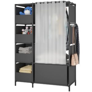 moyipin portable wardrobe storage closet, clothes storage cabinet with curtain, for living room, bedroom, clothes room, black，40.55 x 16.73 x 65.35inches