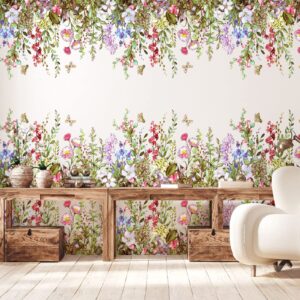 outus flower wall decals large flower clusters butterfly greenery wall sticker removable peel and stick art murals for kids room nursery classroom bedroom living room home(19.69 x 137.8 inch)