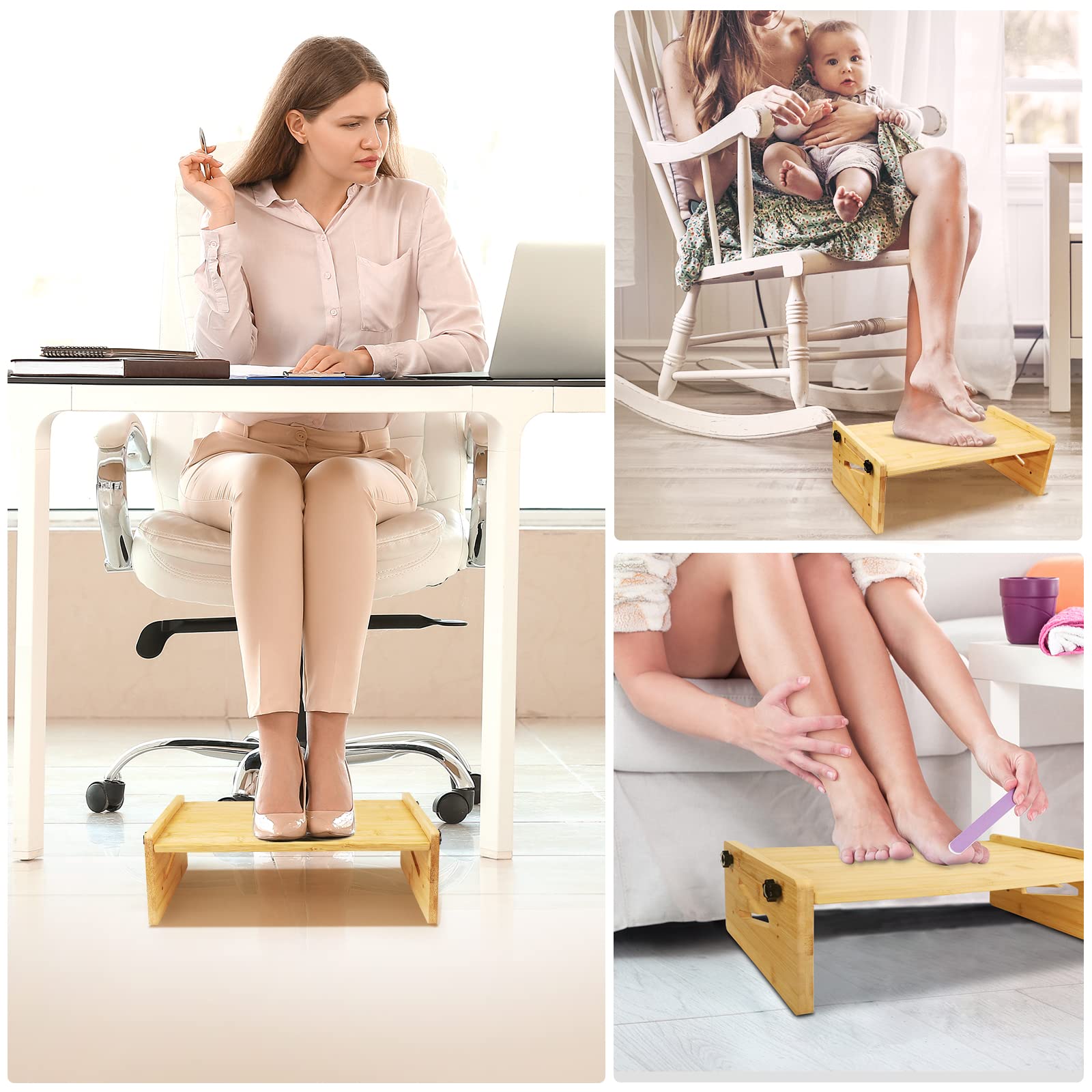 Holidi Footrest Under Desk, Bamboo Foot Rest with 3 Adjustable Height Position, Ergonomic Foot Stool Under Desk with Non-Slip Bottom, Wide Surface, Easy to Assemble, Suitable for Office Home