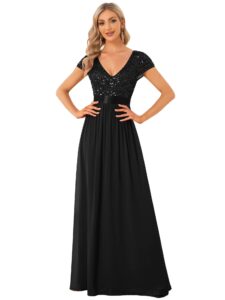 ever-pretty women's sequin v-neck line short sleeves empire waist maxi evening dress formal dress black us12