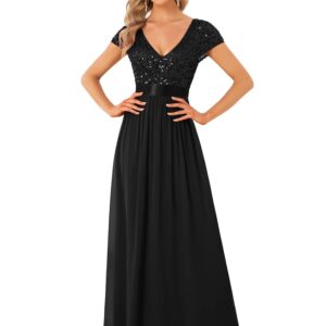 Ever-Pretty Women's Sequin V-Neck line Short Sleeves Empire Waist Maxi Evening Dress Formal Dress Black US12