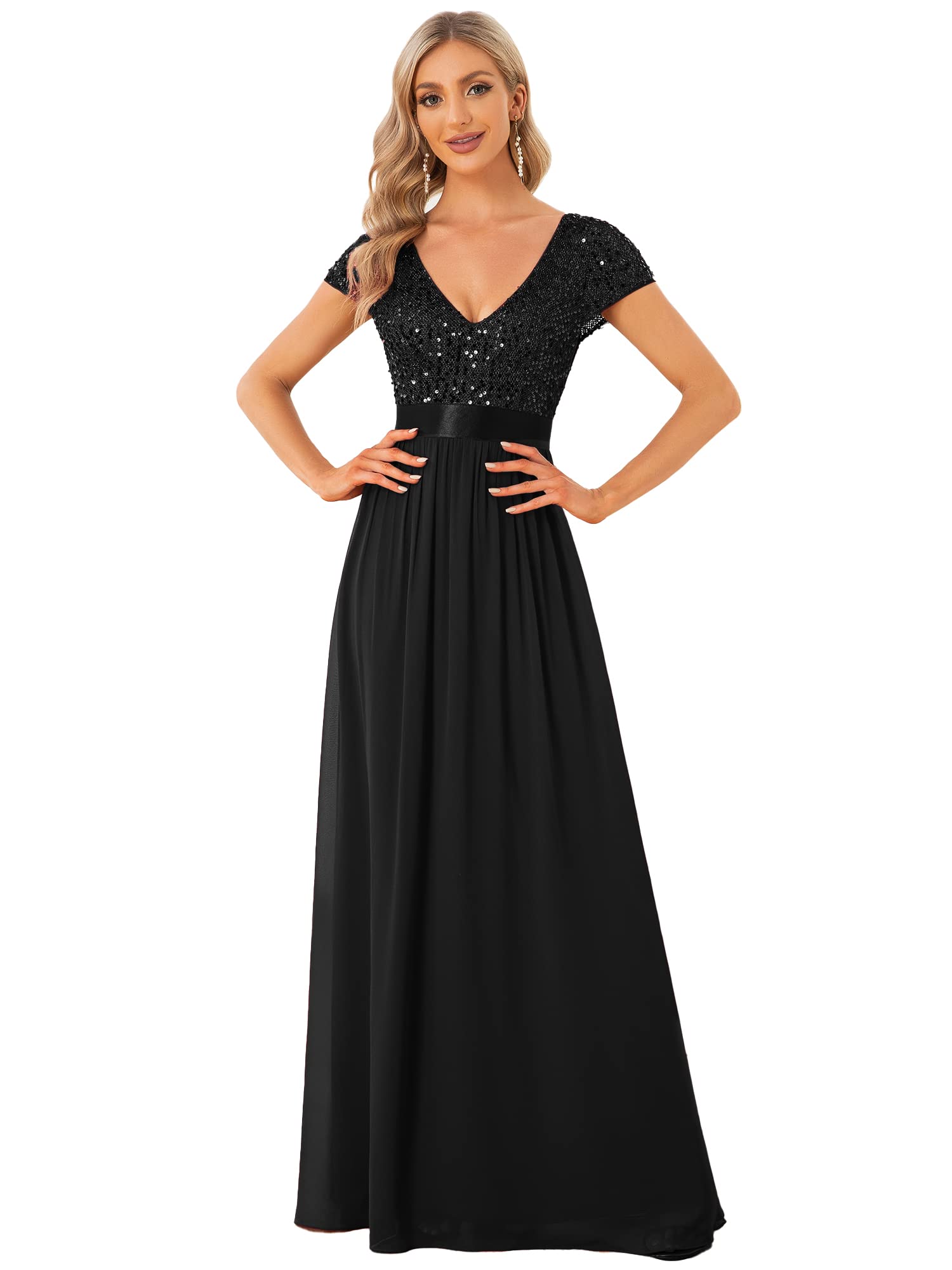 Ever-Pretty Women's Sequin V-Neck line Short Sleeves Empire Waist Maxi Evening Dress Formal Dress Black US12