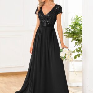 Ever-Pretty Women's Sequin V-Neck line Short Sleeves Empire Waist Maxi Evening Dress Formal Dress Black US12