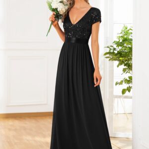 Ever-Pretty Women's Sequin V-Neck line Short Sleeves Empire Waist Maxi Evening Dress Formal Dress Black US12