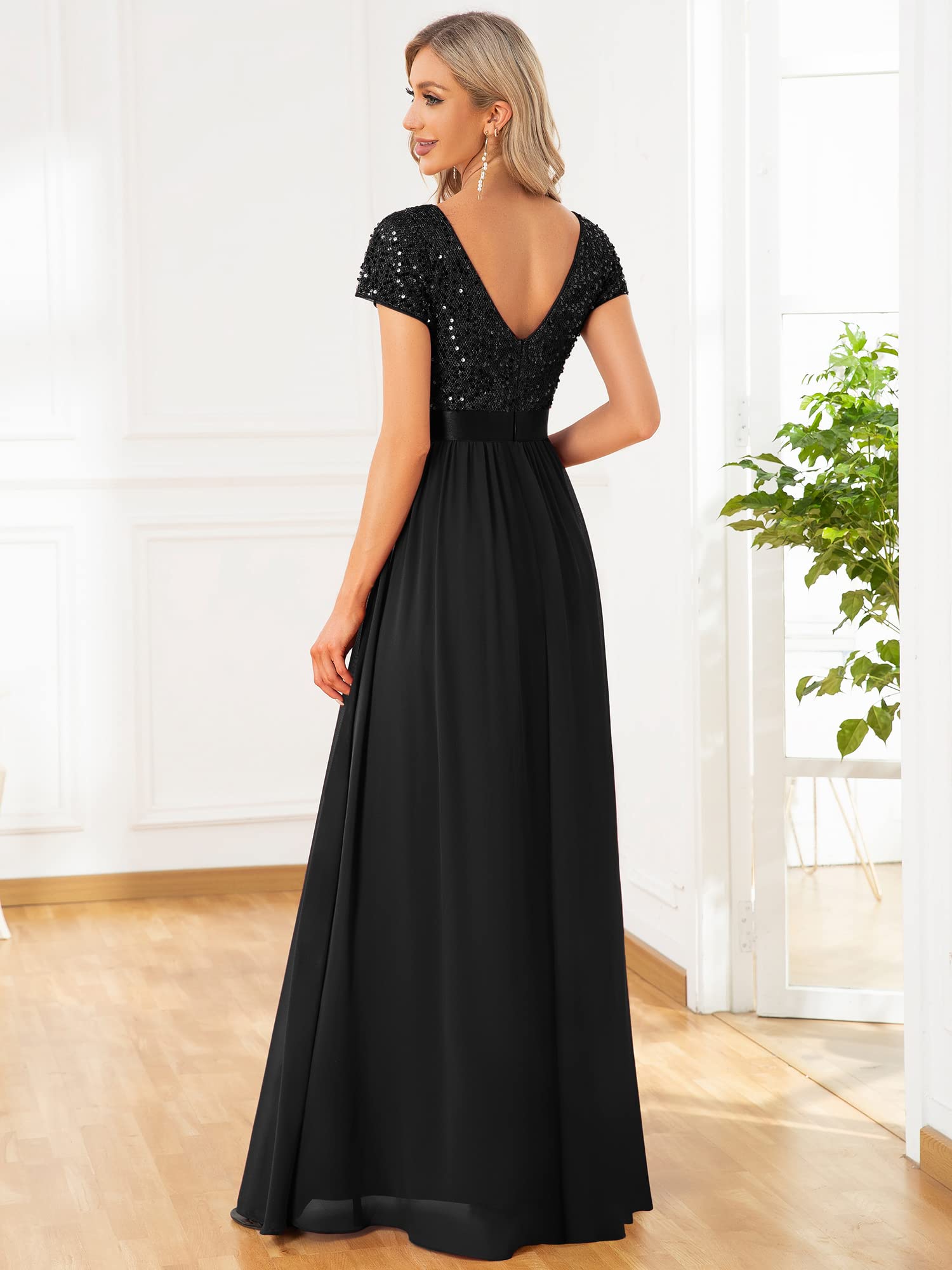 Ever-Pretty Women's Sequin V-Neck line Short Sleeves Empire Waist Maxi Evening Dress Formal Dress Black US12