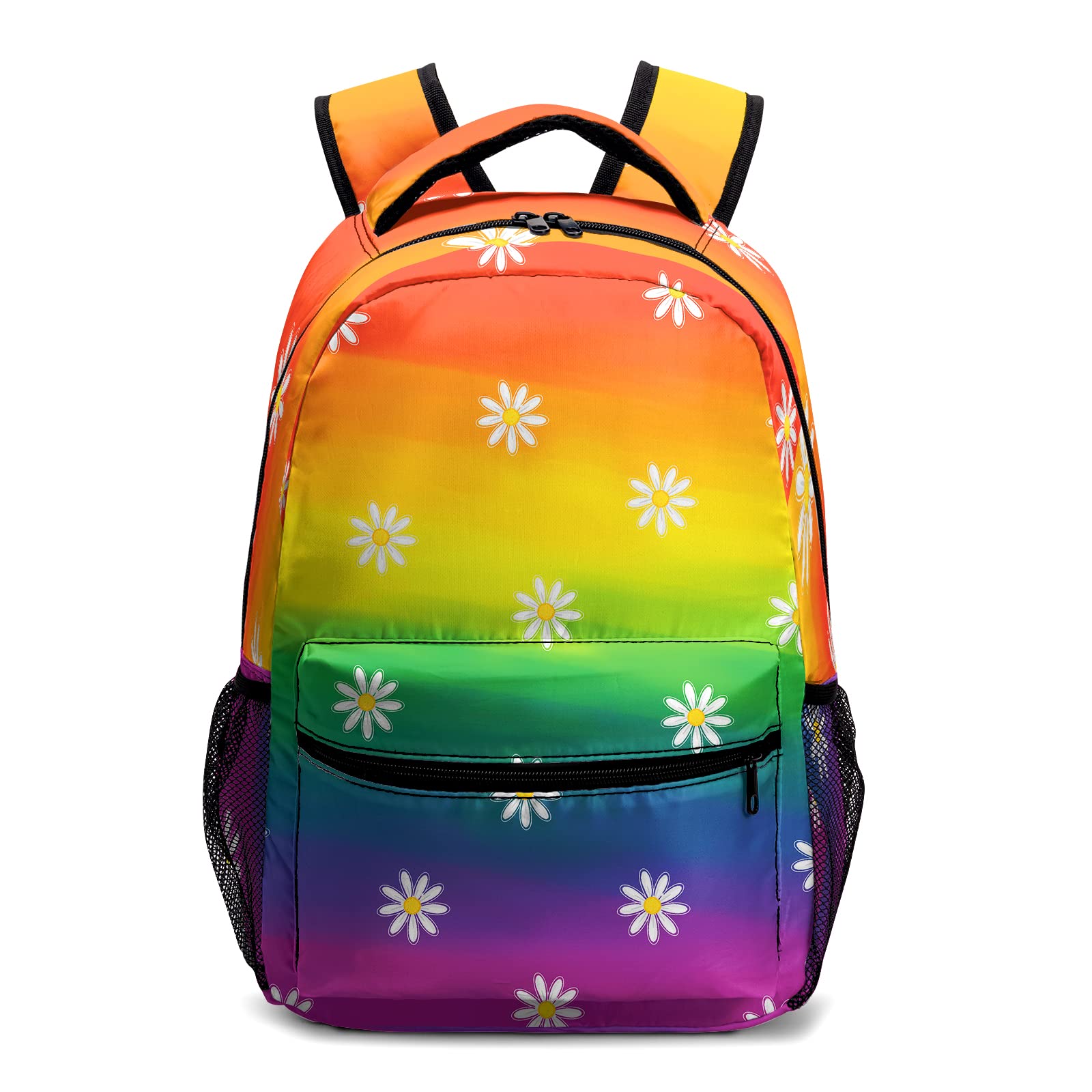 Dacawin Girls Backpack Rainbow Colorful Elementary School Backpacks Cute Daisy Flower Durable Bookbags Lightweight Travel Schoolbag for Kids Boys Teens