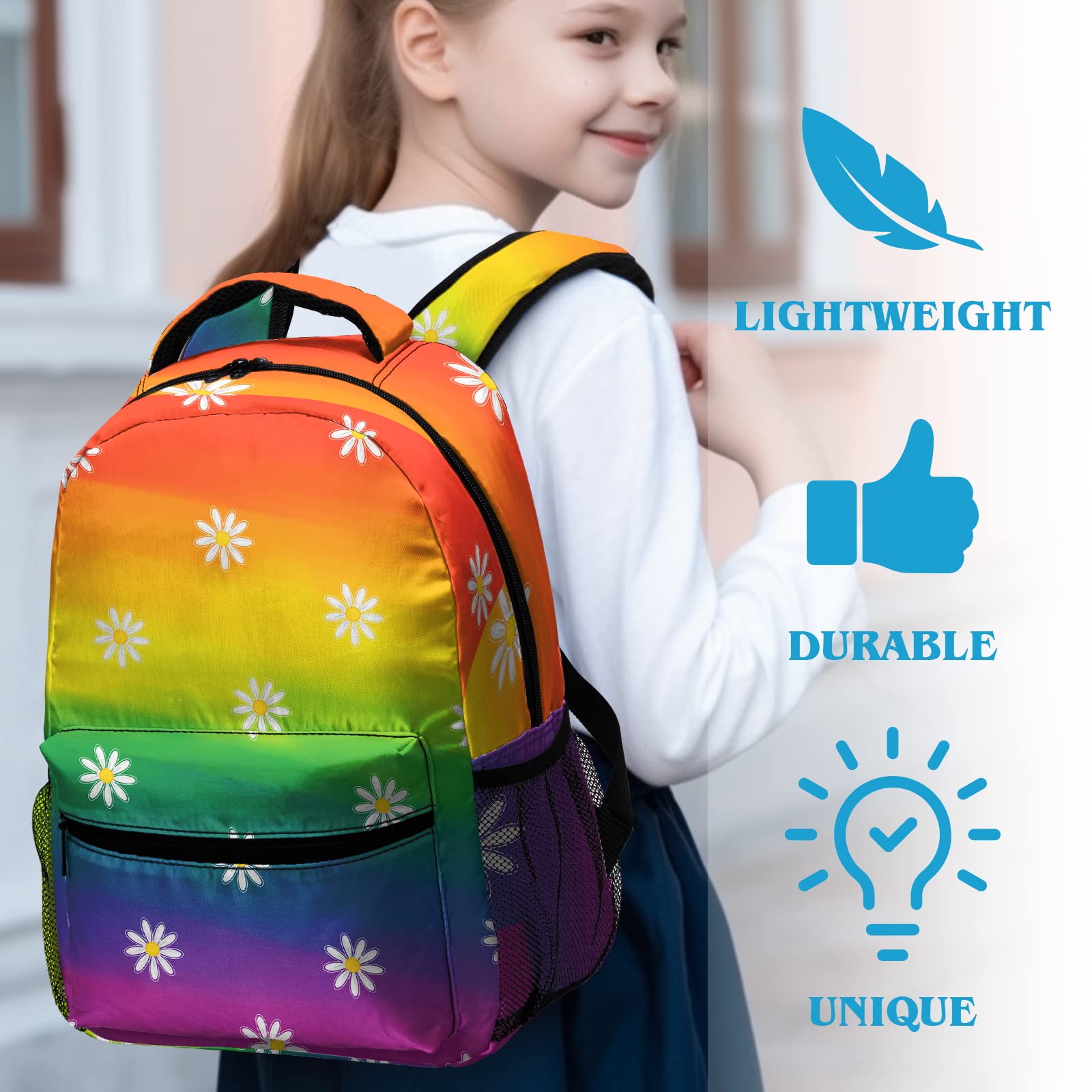 Dacawin Girls Backpack Rainbow Colorful Elementary School Backpacks Cute Daisy Flower Durable Bookbags Lightweight Travel Schoolbag for Kids Boys Teens