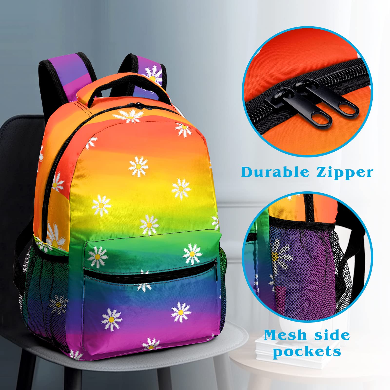 Dacawin Girls Backpack Rainbow Colorful Elementary School Backpacks Cute Daisy Flower Durable Bookbags Lightweight Travel Schoolbag for Kids Boys Teens