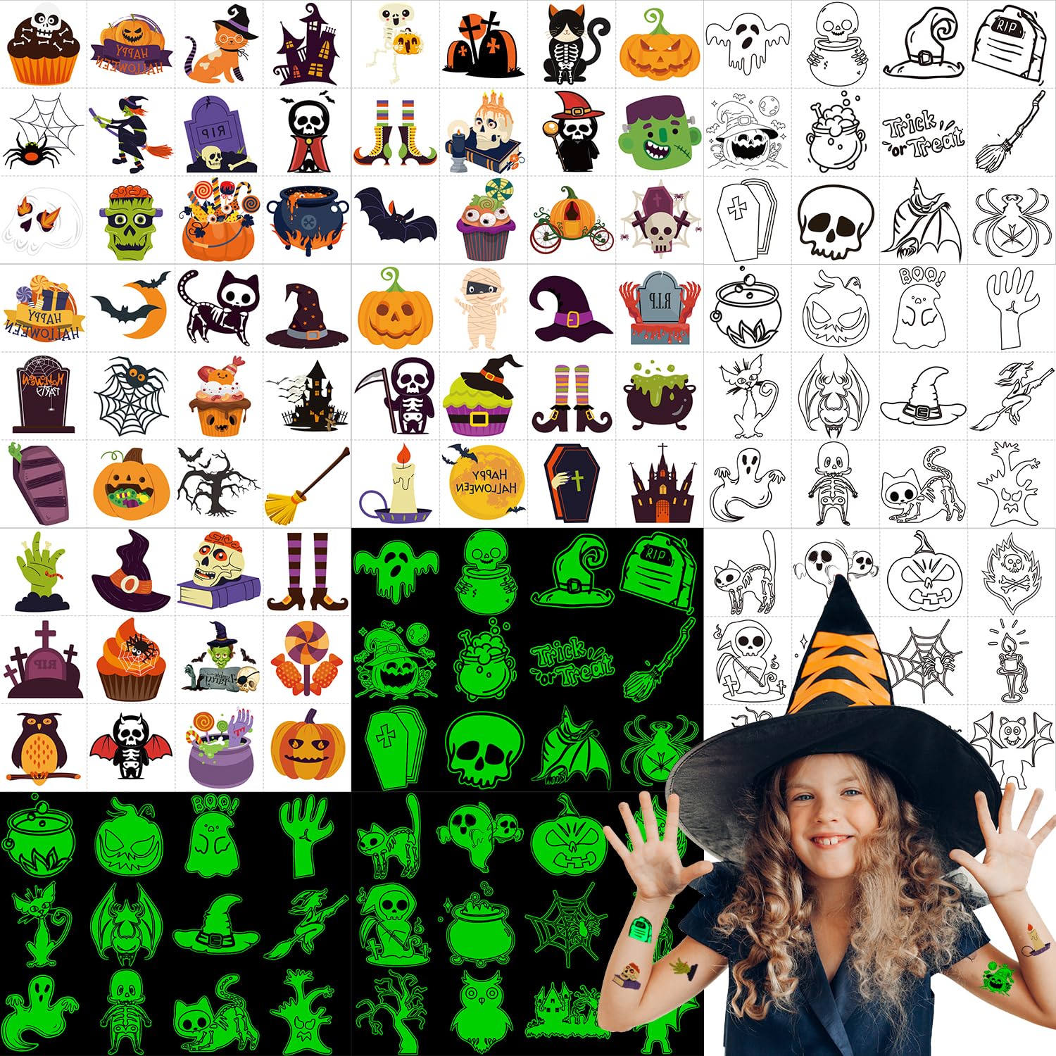 600pcs Halloween Temporary Tattoos for Kids, Assorted Colorful & Glow in the Dark Tattoo Stickers, Halloween Decorations Supplies, Party Favors, Goodie Bag Fillers, Gifts for Boys and Girls