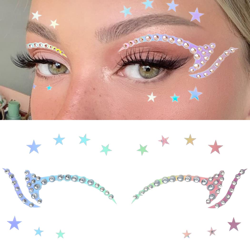 Uranian Eyeliner Stickers Holographic Face Stickers for Eye Makeup Stars Eyeshadow Stickers for Women Girls Rhinestones Eyelid Tape Stars Fire Heart Temporary Sticker for Festival Party Halloween Club