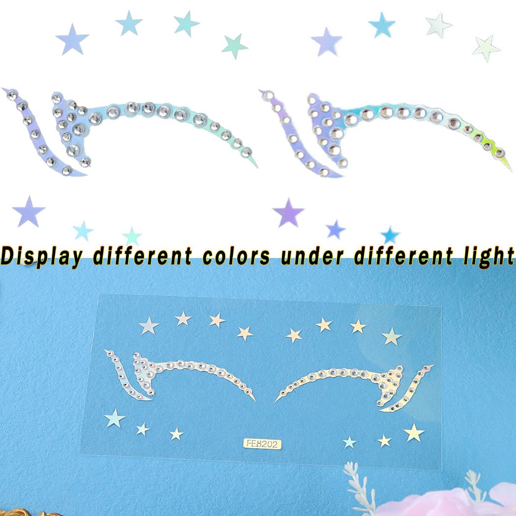 Uranian Eyeliner Stickers Holographic Face Stickers for Eye Makeup Stars Eyeshadow Stickers for Women Girls Rhinestones Eyelid Tape Stars Fire Heart Temporary Sticker for Festival Party Halloween Club