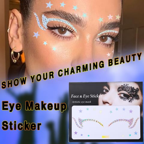 Uranian Eyeliner Stickers Holographic Face Stickers for Eye Makeup Stars Eyeshadow Stickers for Women Girls Rhinestones Eyelid Tape Stars Fire Heart Temporary Sticker for Festival Party Halloween Club