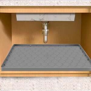 necora under sink mat,[34" x 22" x 1"] under sink mats for kitchen waterproof, silicone sink cabinet protector mats for kitchen & bathroom, under sink liner leaks spills tray with drain hole,grey