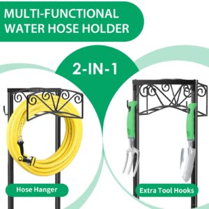 TomCare Garden Hose Holder Upgraded 4 Spikes Water Hose Holder with 2 Tool Hooks Sturdy Hose Reel Holds 150ft Hose Freestanding Hose Stand Hose Hanger Hose Storage for Outside Yard Lawn, Black