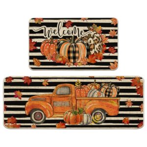 thanksgiving fall kitchen mats 2 piece, kitchen rugs and mats, pumpkins truck stripe welcome mats for floor, bathroom, decorative non skid washable, fall home kitchen thanksgiving decorations