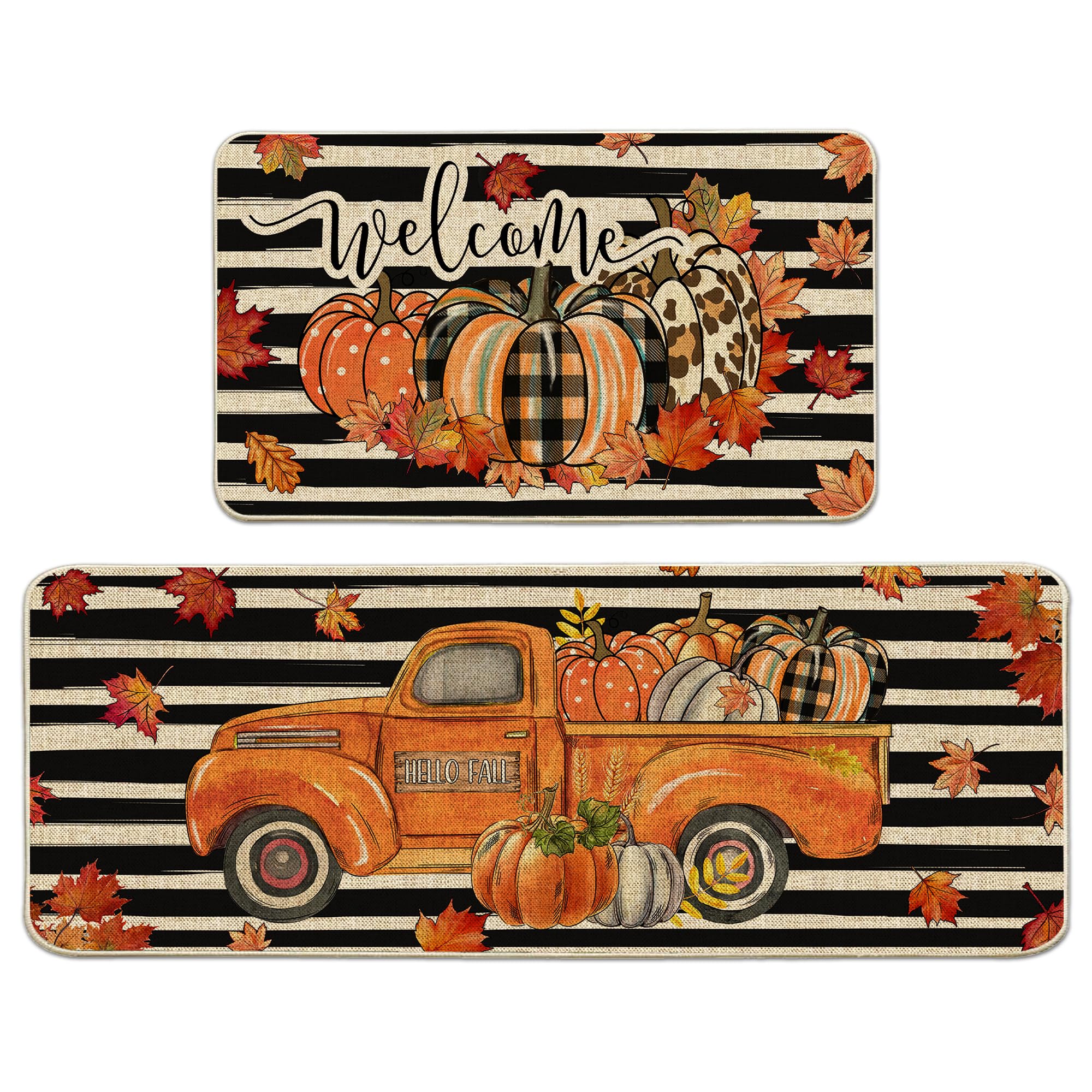 Thanksgiving Fall Kitchen Mats 2 Piece, Kitchen Rugs and Mats, Pumpkins Truck Stripe Welcome Mats for Floor, Bathroom, Decorative Non Skid Washable, Fall Home Kitchen Thanksgiving Decorations