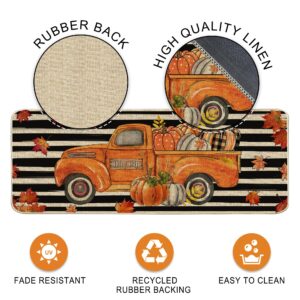 Thanksgiving Fall Kitchen Mats 2 Piece, Kitchen Rugs and Mats, Pumpkins Truck Stripe Welcome Mats for Floor, Bathroom, Decorative Non Skid Washable, Fall Home Kitchen Thanksgiving Decorations