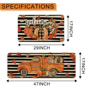 Thanksgiving Fall Kitchen Mats 2 Piece, Kitchen Rugs and Mats, Pumpkins Truck Stripe Welcome Mats for Floor, Bathroom, Decorative Non Skid Washable, Fall Home Kitchen Thanksgiving Decorations