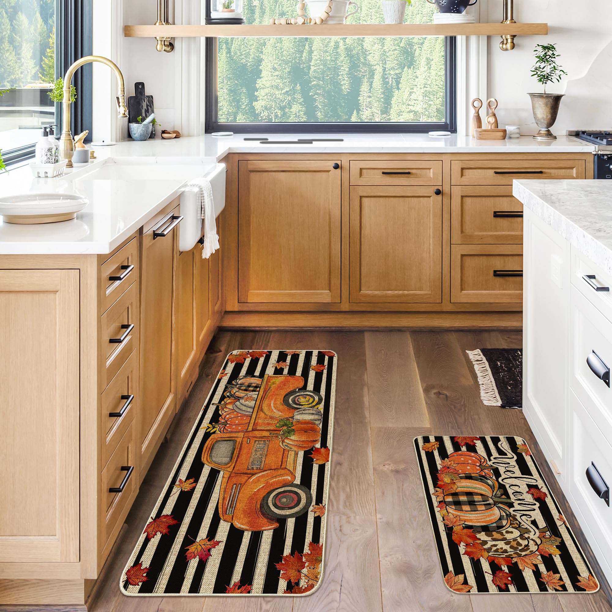 Thanksgiving Fall Kitchen Mats 2 Piece, Kitchen Rugs and Mats, Pumpkins Truck Stripe Welcome Mats for Floor, Bathroom, Decorative Non Skid Washable, Fall Home Kitchen Thanksgiving Decorations