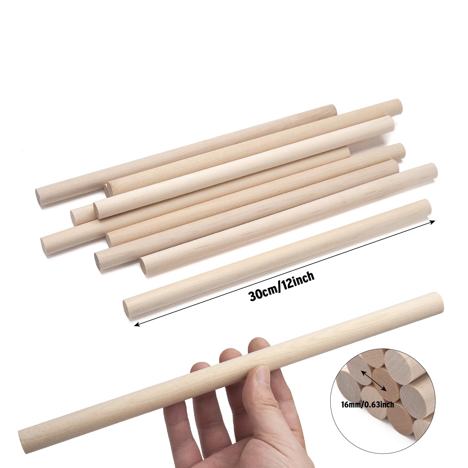 NANXJIUR 10 PCS Wooden Dowel Rods Round Wood Dowels 5/8 x 12 Inch Natural Macrame Dowel Wooden Sticks for Crafts Unfinished Hardwood Sticks for Arts and DIY Crafting, Tiered Cake Support