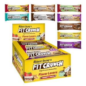 fitcrunch snack size protein bars, designed by robert irvine, 6-layer baked bar, 3g of sugar, gluten free & soft cake core (9 count, flavor lovers)