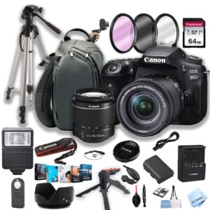 canon eos 90d dslr camera w/ef-s 18-55mm f/4-5.6 is stm zoom lens + 64gb memory + flash + sling case + steady grip pod + tripod + filters + software + more (34pc bundle)