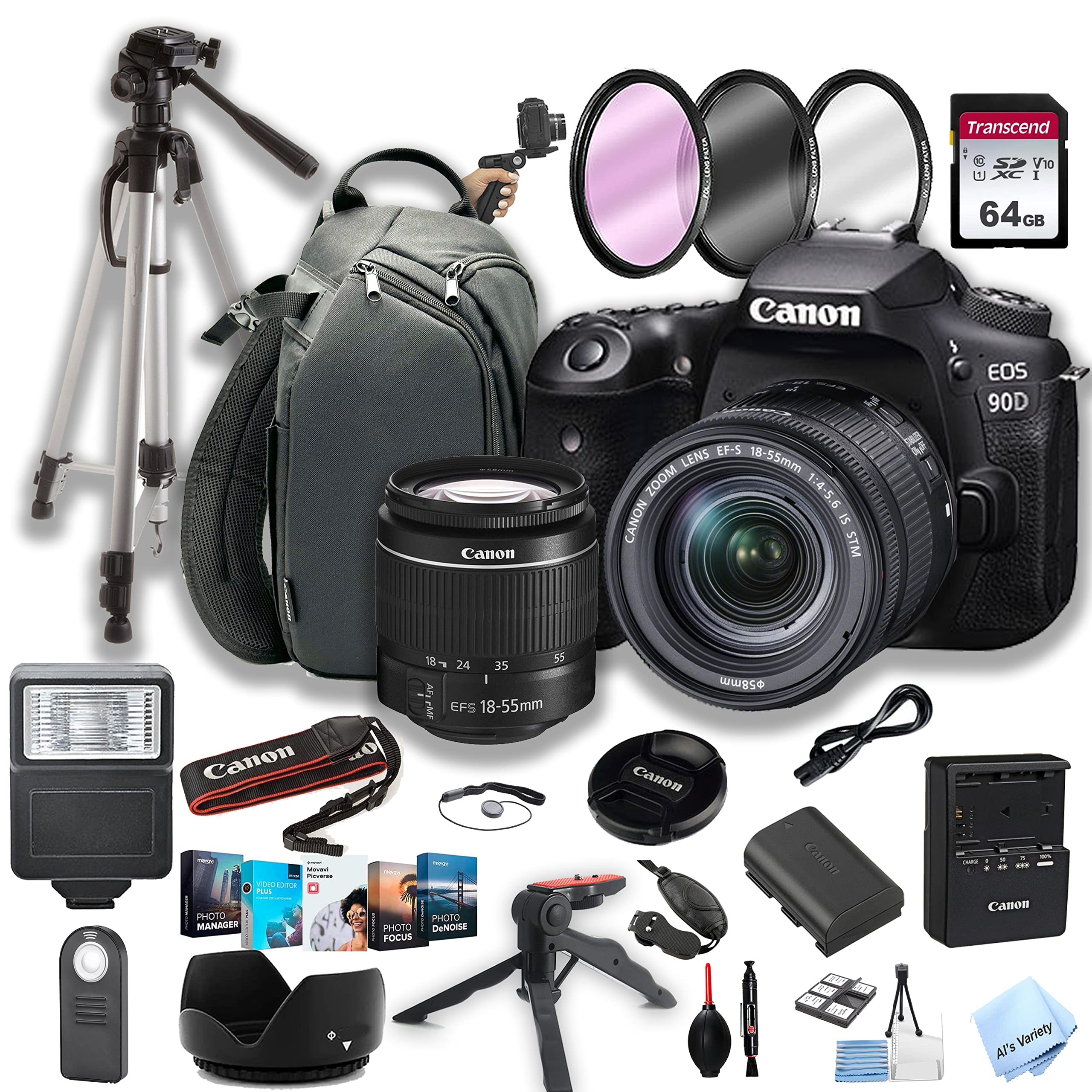 Canon EOS 90D DSLR Camera w/EF-S 18-55mm F/4-5.6 is STM Zoom Lens + 64GB Memory + Flash + Sling Case + Steady Grip Pod + Tripod + Filters + Software + More (34pc Bundle)