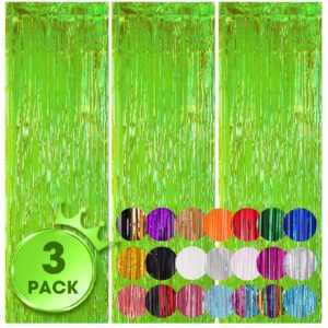 voircoloria 3 pack 3.3x8.2 feet neon green foil fringe backdrop curtains, tinsel streamers birthday party decorations, fringe backdrop for graduation, baby shower, gender reveal, disco party