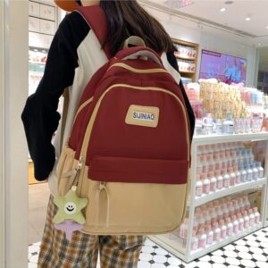 MININAI Preppy Backpack with Plushies Korean Patchwork Laptop Backpack Kawaii Casual Daypack Aesthetic College Backpack (One Size,Red)