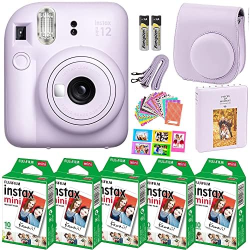 Fujifilm Instax Mini 12 Instant Camera with Fujifilm Instant Mini Film (50 Sheets) with Accessories Including Compatible Case with Strap, Lenss Photo Album, Stickers, Frames Bundle (Lilac Purple)