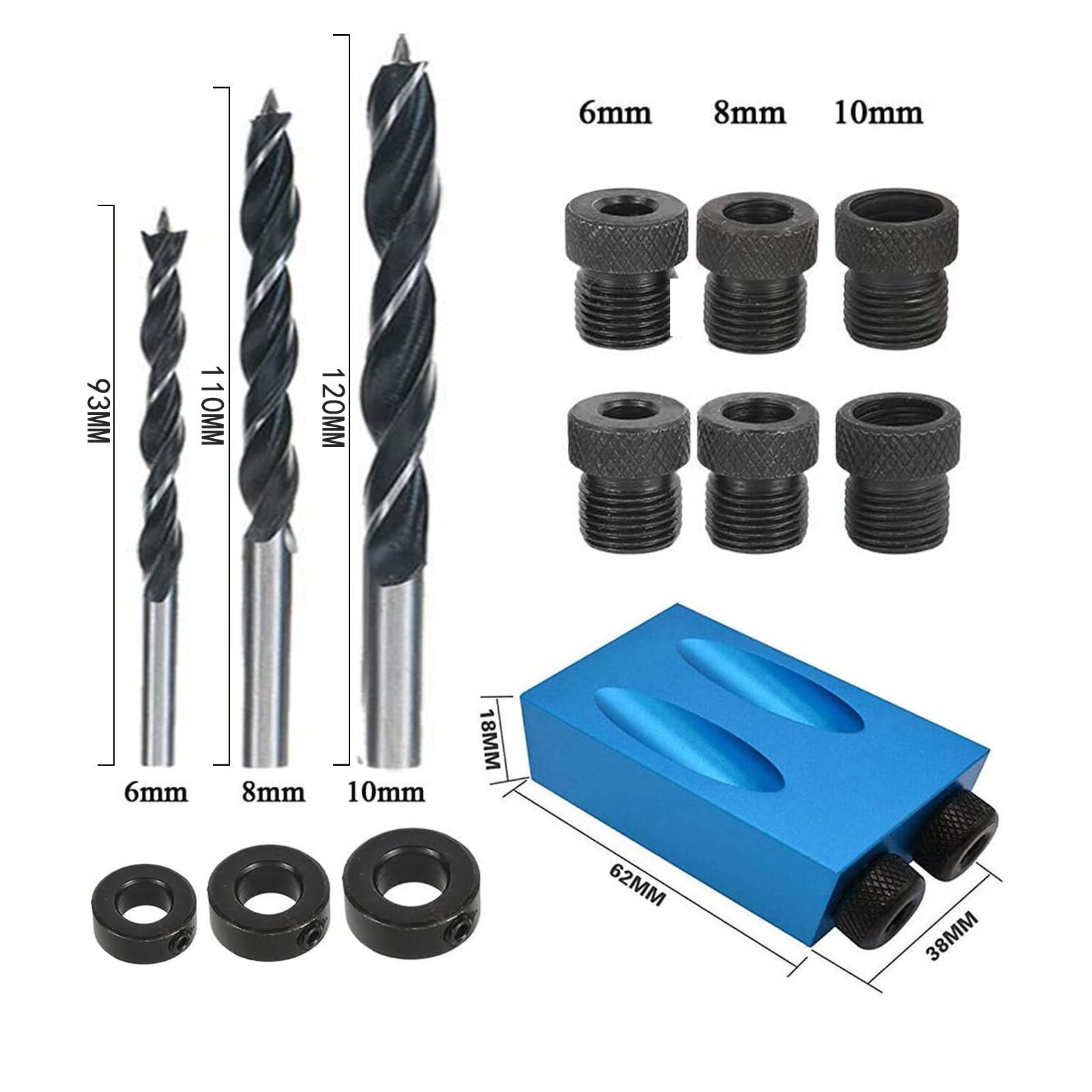 Pocket Hole Jig 14Pcs Kit - Woodwork Guides Joint Angle Tool Carpentry Locator - 15° Woodworking Inclined Hole Fixture 6/8/10mm Drill Bits Dowel Screw Drill Jig Joinery Kit Carpenters