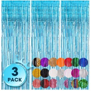 voircoloria 3 pack 3.3x8.2 feet light blue foil fringe backdrop curtains, tinsel streamers birthday party decorations, fringe backdrop for graduation, baby shower, gender reveal, disco party