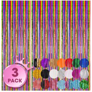 voircoloria 3 pack 3.3x8.2 feet rainbow foil fringe backdrop curtains, tinsel streamers birthday party decorations, fringe backdrop for graduation, baby shower, gender reveal, disco party