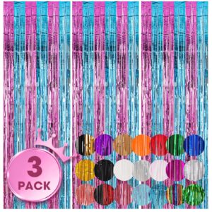 voircoloria 3 pack 3.3x8.2 feet blue and pink foil fringe backdrop curtains, tinsel streamers birthday party decorations, fringe backdrop for graduation, baby shower, gender reveal, disco party