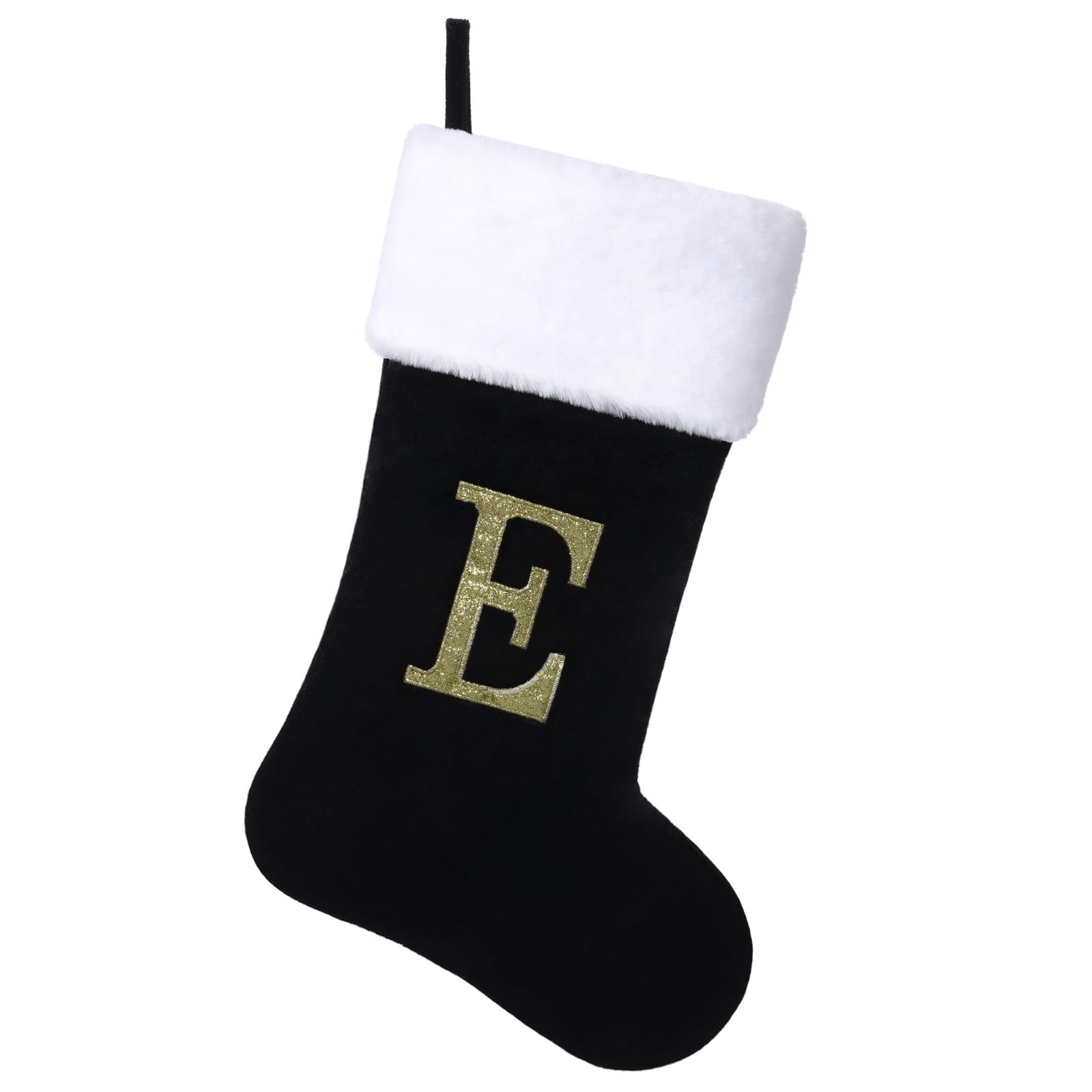 Yehnois 20 Inches Initial Monogram Christmas Stocking Personalized,Deluxe Black Velvet Body with Super Soft Plush Cuff Embroidered Letter,Holiday Season Decor（E）