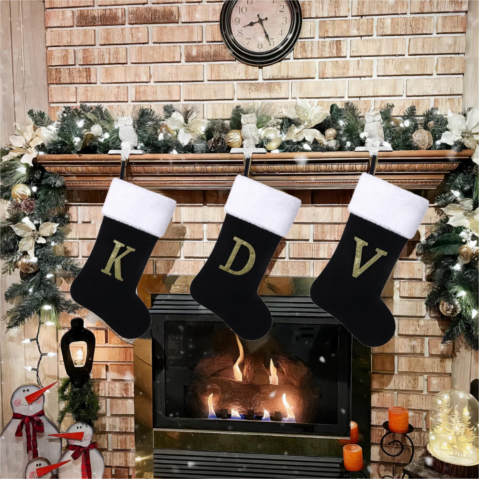 Yehnois 20 Inches Initial Monogram Christmas Stocking Personalized,Deluxe Black Velvet Body with Super Soft Plush Cuff Embroidered Letter,Holiday Season Decor（E）