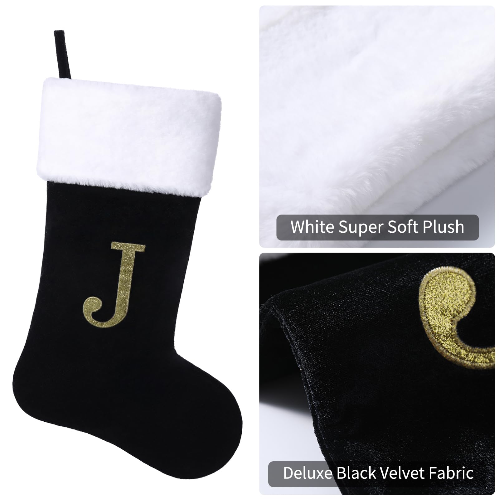 Yehnois 20 Inches Initial Monogram Christmas Stocking Personalized,Deluxe Black Velvet Body with Super Soft Plush Cuff Embroidered Letter,Holiday Season Decor（E）