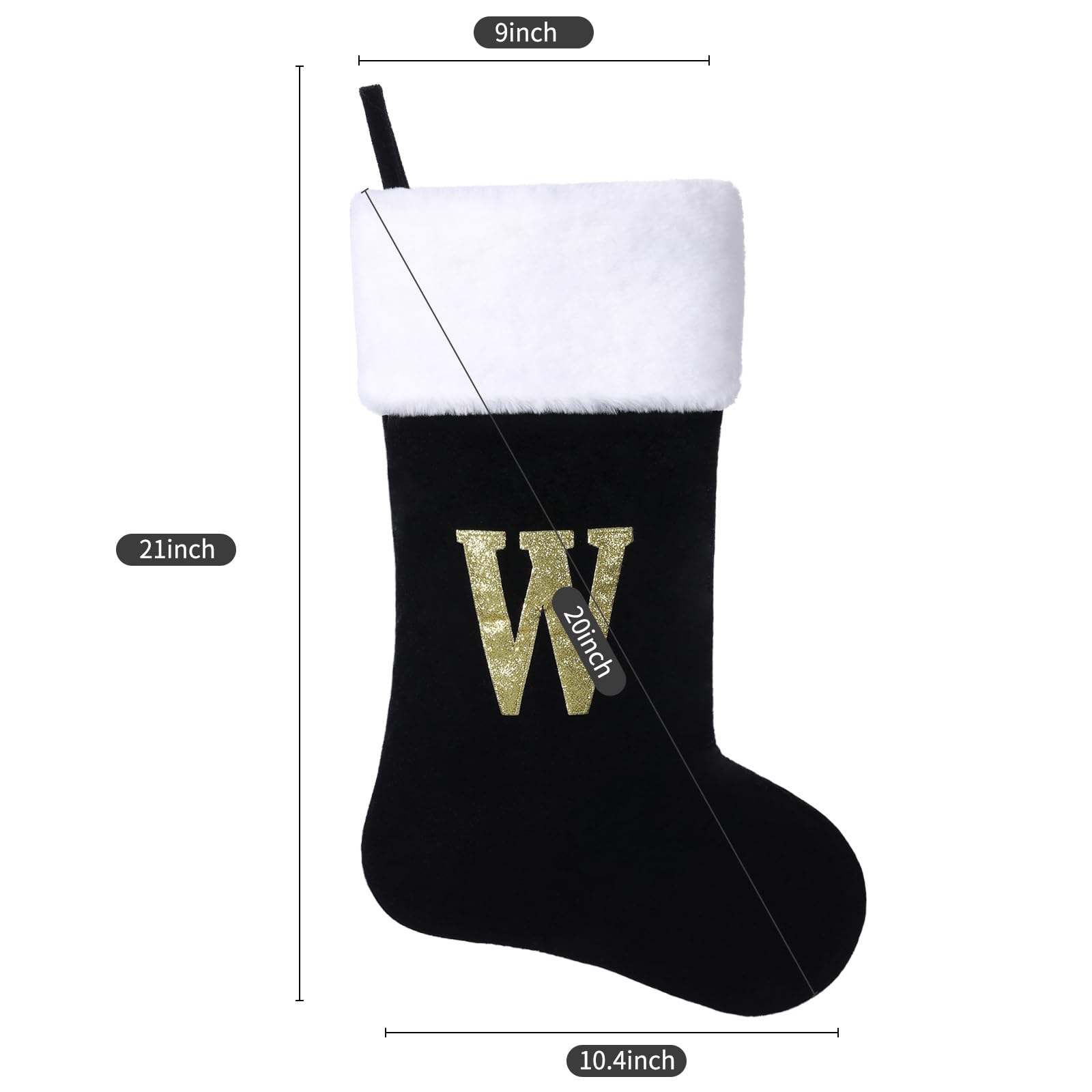 Yehnois 20 Inches Initial Monogram Christmas Stocking Personalized,Deluxe Black Velvet Body with Super Soft Plush Cuff Embroidered Letter,Holiday Season Decor（E）