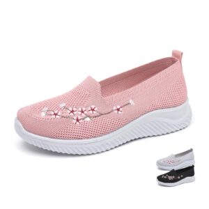 lymphvity women's flower embroidered mesh slip on walking shoes height fashion wedge increasing loafers sneakers non slip memory foam mom walking nurse shoes (7,pink)